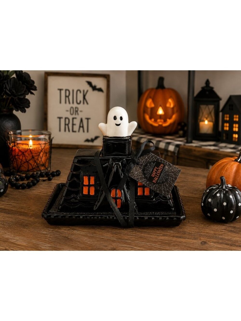 Halloween Haunted House Ghost Ceramic Butter Dish Black Orange Hand Painted NWT
